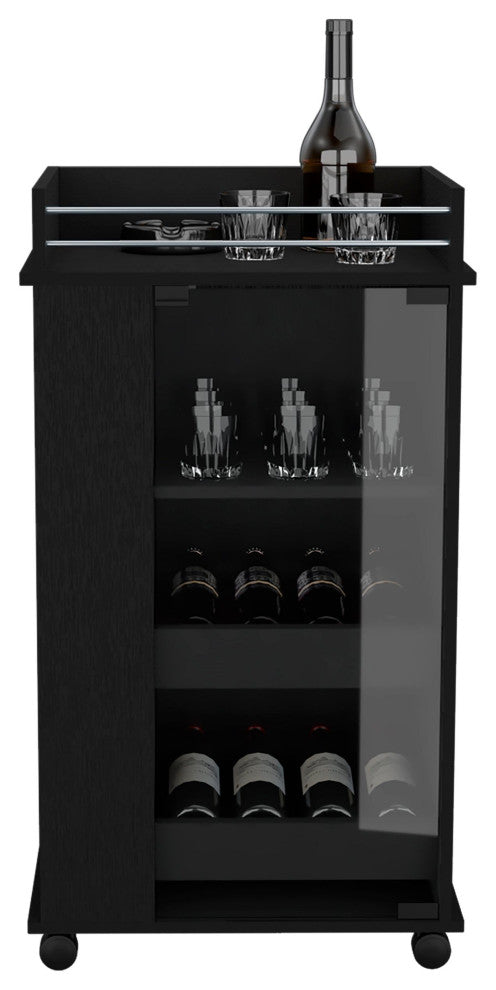 DEPOT E-SHOP Lansing Bar Cart with Glass Door, 2-Side Shelves and Casters, Black