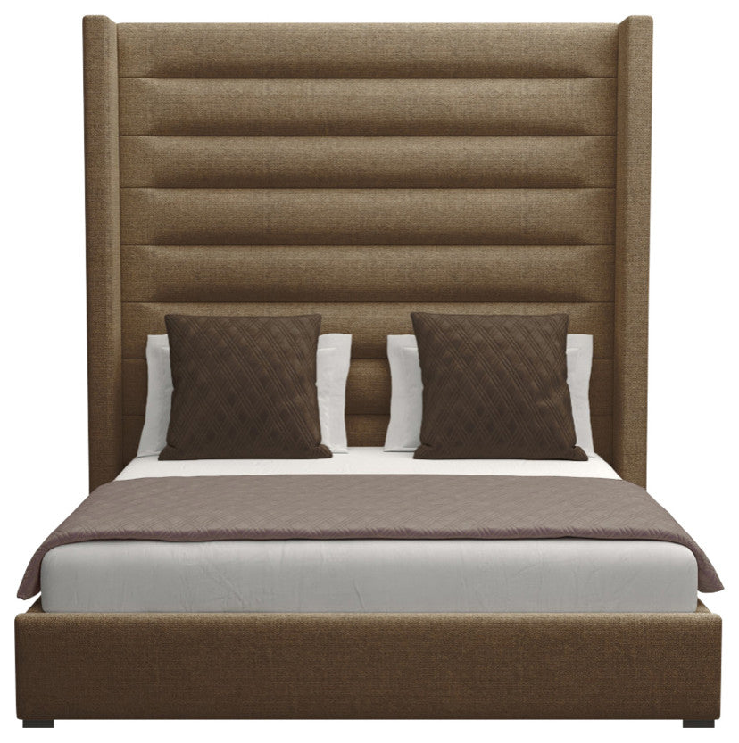 Nativa Interiors Aylet Horizontal Channel Tufted Bed, Brown, King, High Headboard