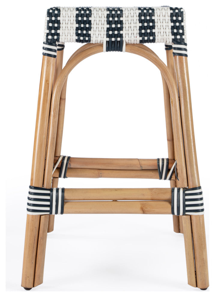 Robias Rectangular Rattan 24.5" Counter Stool, Navy Stripe
