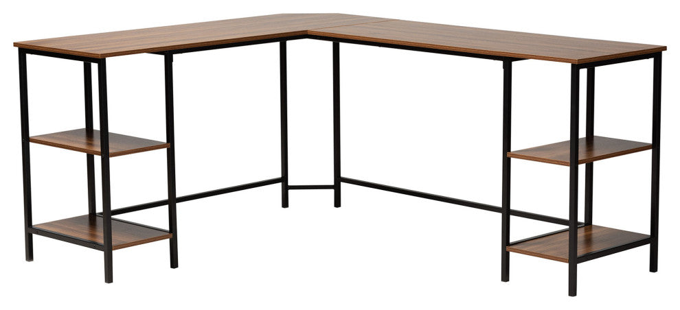Marinda Walnut Brown L-Shaped Corner Desk with Shelves