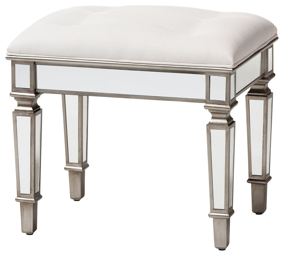 Marielle Hollywood Regency Glamour Style Fabric Mirrored Ottoman Vanity Bench