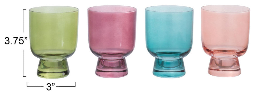 Hand Blown Footed Drinking Glasses, 6 Ounces, 4 Assorted Colors