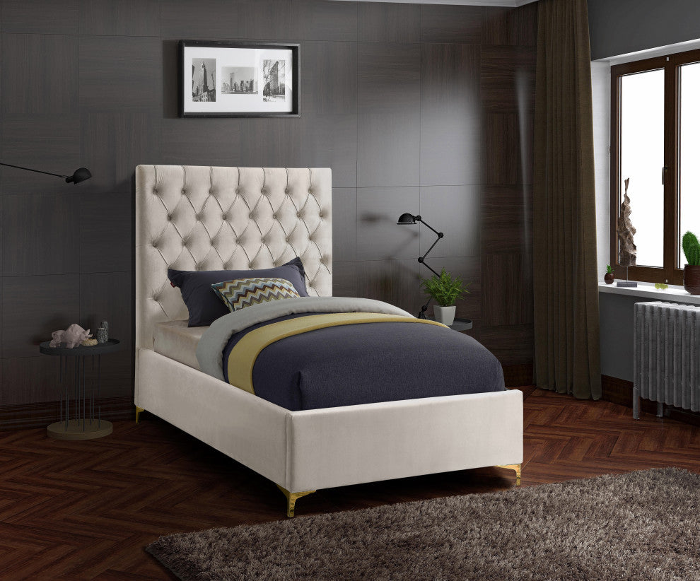 Cruz Velvet Upholstered Bed, Cream, Twin