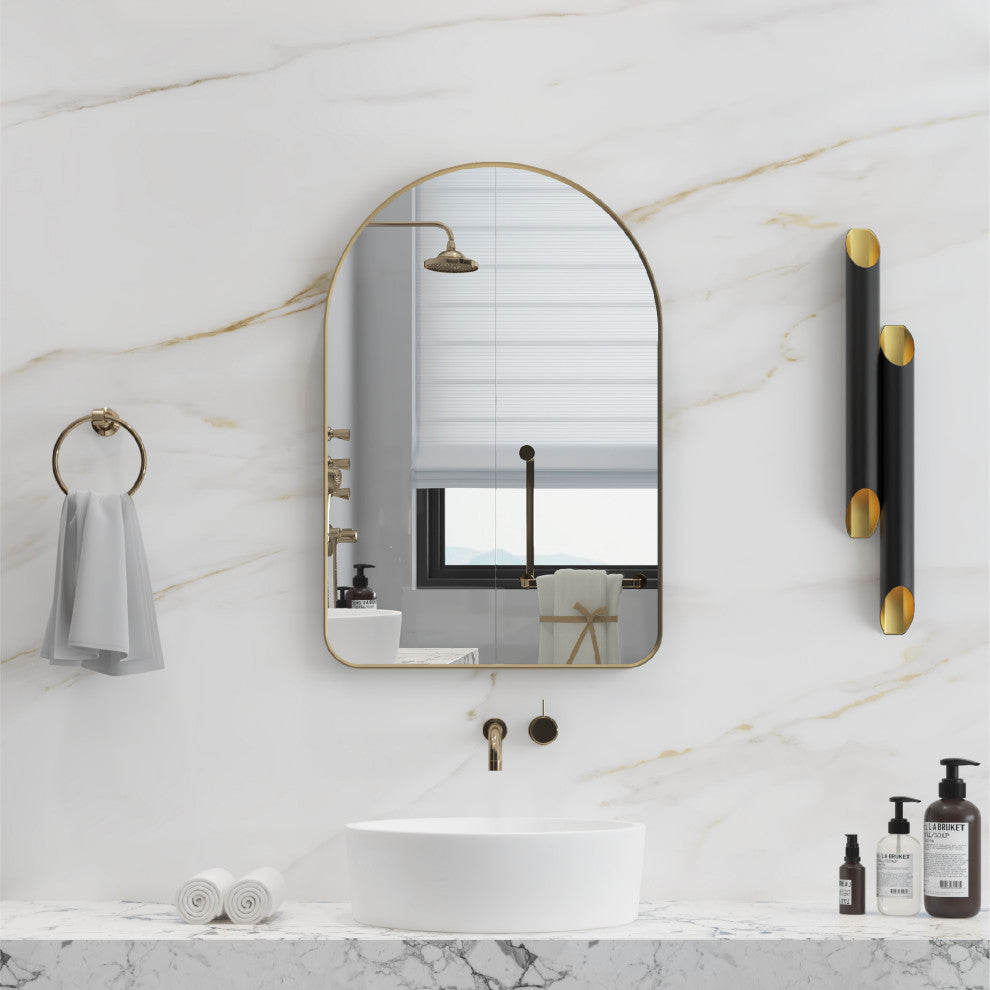 24"x36" Arched Bathroom Wall-mounted Mirror with Aluminum Frame, Gold