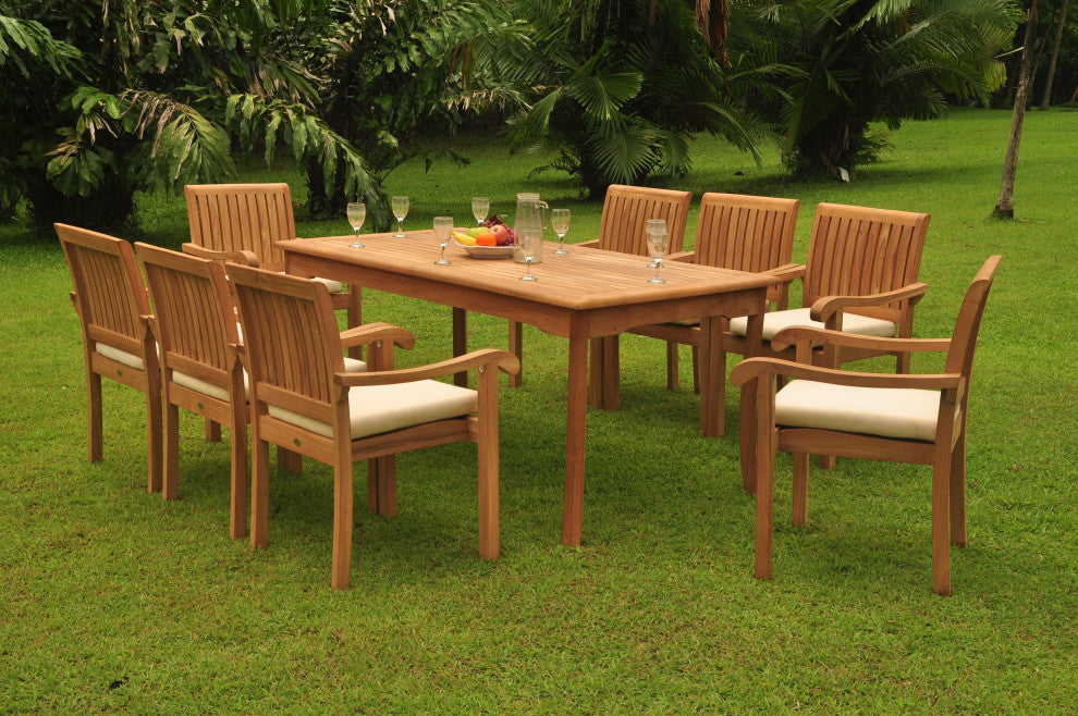 9Piece Outdoor Patio Teak Dining Set, 71" Rectangle Table, 8 Nain Stacking Chair