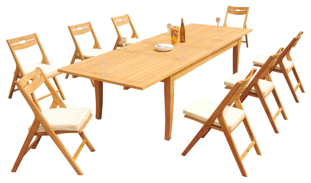 9-Piece Teak Dining Set: 122" X-Large Rectangle Table, 8 Surf Folding Chairs