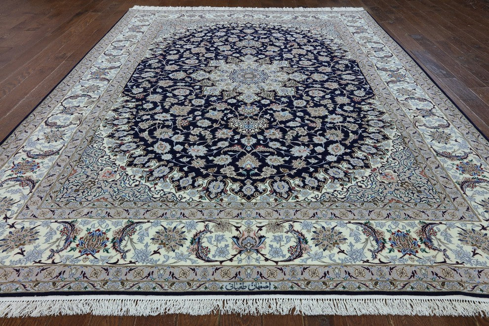 Blue/Ivory Persian Isfahan Wool & Silk Rug, 8'4"x11'3"