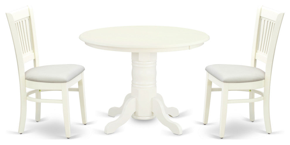 3Pc Dining Set 2 Chair, Dining Table Seat, Slatted Chair Back Linen White Finish