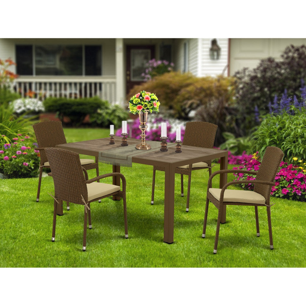 5Pc Outdoor- Brown Wicker Dining Set, Patio Table, 4 Balcony Backyard Armchair