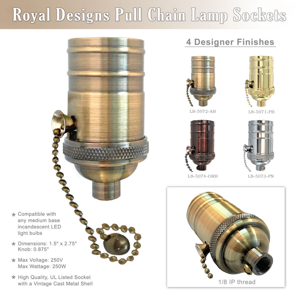 Royal Designs, Inc. Vintage Pull Chain Lamp Socket, Antique Brass, Set of 10