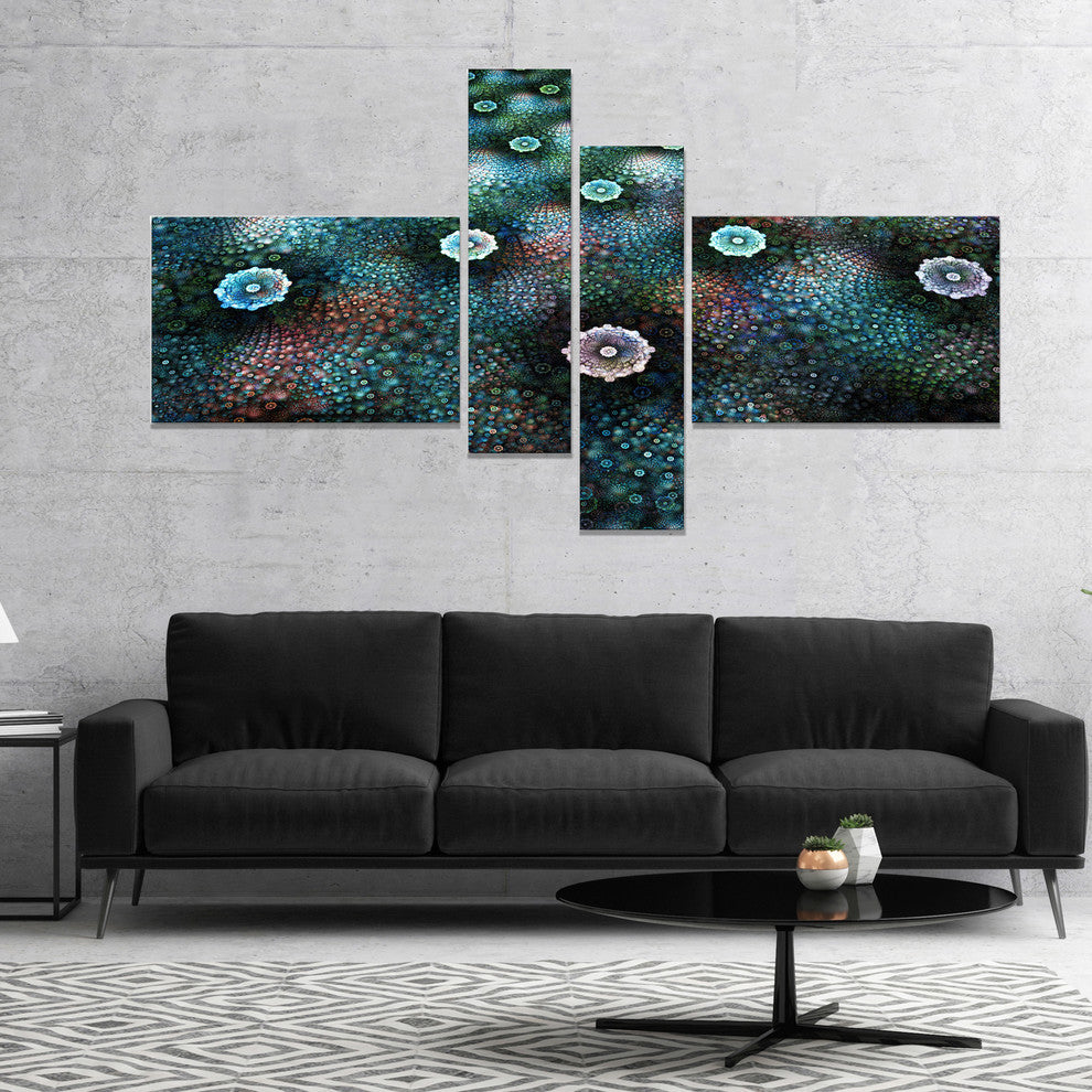 Blue Flowers on Alien Planet, Floral Canvas Art Print, 60"x32", 4 panels