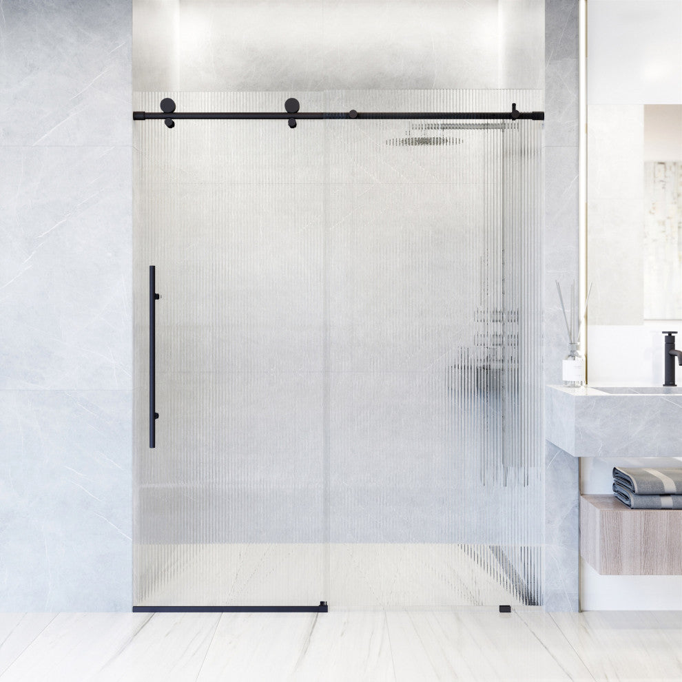 VIGO Elan E-Class 56" to 60" W x 76" H Frameless Sliding Shower Door, Matte Black, Fluted Glass, Left