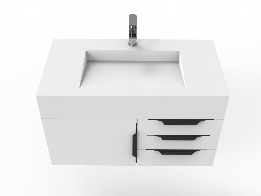 CastelloUSA Nile 36" Wall Mounted Vanity Set, White, White Top, Black Handles