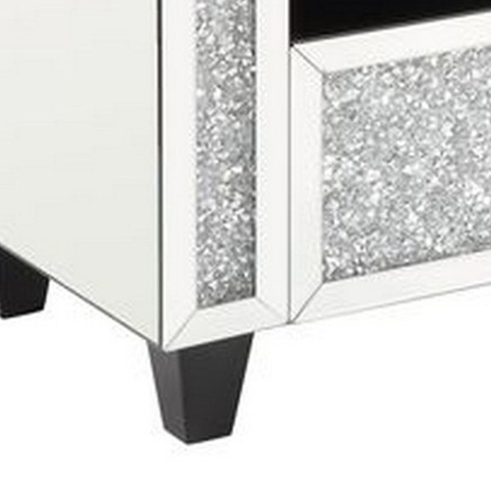 Benzara BM251176 Mirrored Bench With 2 Pillows and Button Tufted Seat, Silver