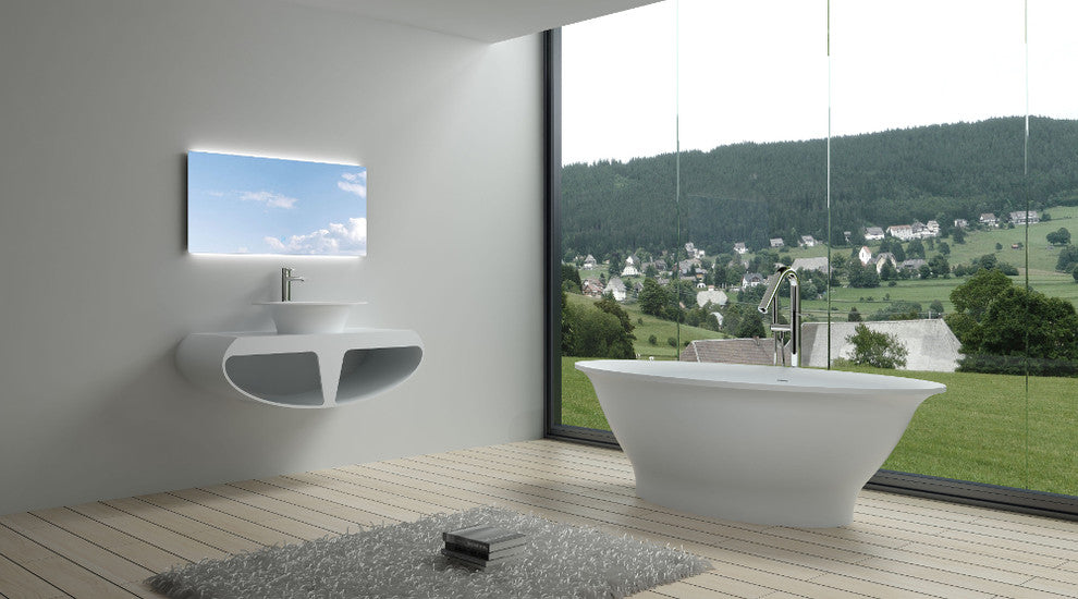 74" Polystone Oval Free-Standing Bathtub, Matte White, No Faucet