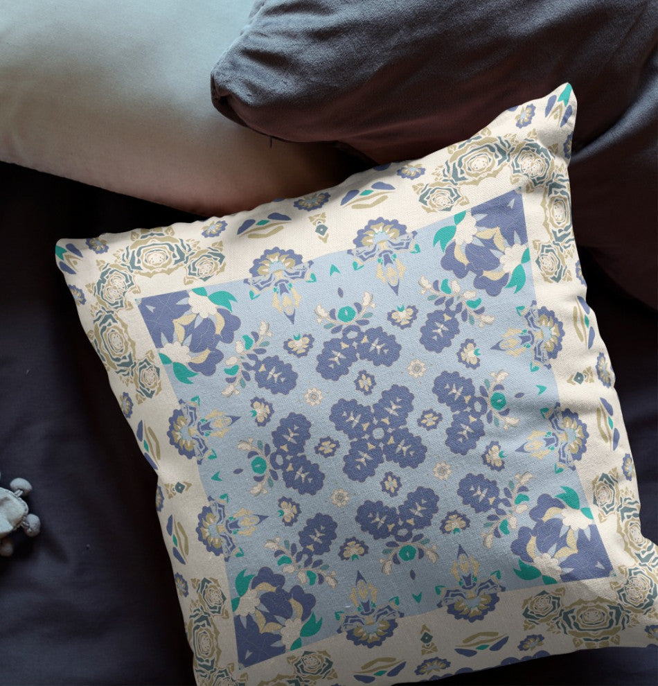 18" White Blue Rose Box Indoor Outdoor Zippered Throw Pillow