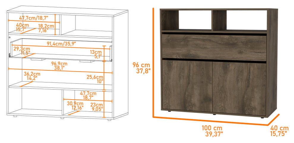 Gianna Dresser with Double Door Cabinet, 1 Drawer, and 5 Shelves, Dark Brown