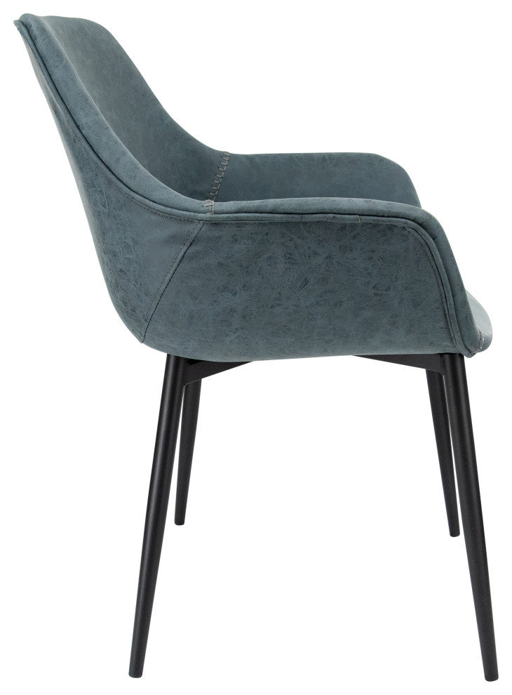 LeisureMod Markley Leather Dining Armchair Metal Legs Set of 2, Peacock Blue