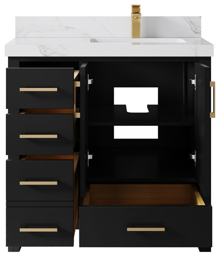 Malibu 36" Right Offset Bath Vanity in Black 2" Calacatta Sienna