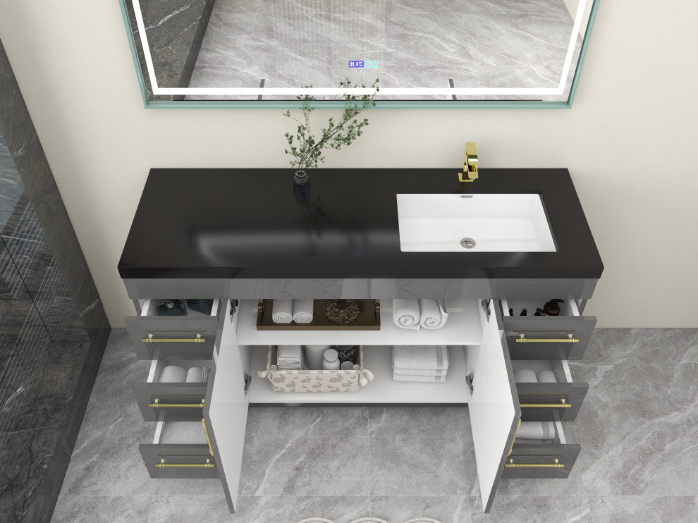 Rosa 60" Free Standing Modern Vanity, High Gloss Gray, Matt Black Top
