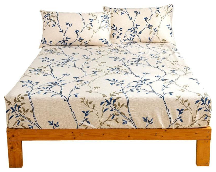 Blue Leaf Vine Cream Poplin Cotton Fitted Sheet