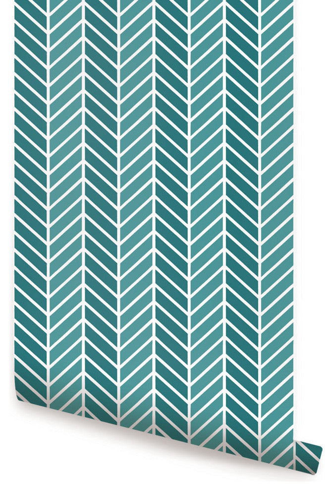 Herringbone Two Tone Peel and Stick Vinyl Wallpaper, Teal, 24"w X 60"h