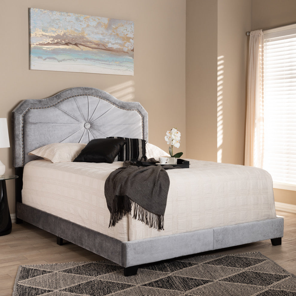 Aideen Velvet Upholstered Full Bed, Queen