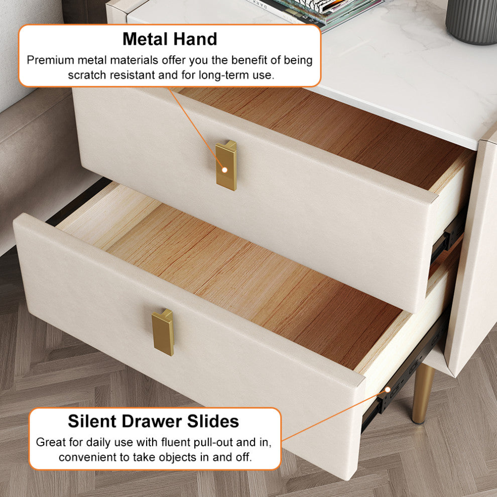 2 Drawers Nightstand PU Leather Bedside Table Nightstand with Gold Metal Legs
