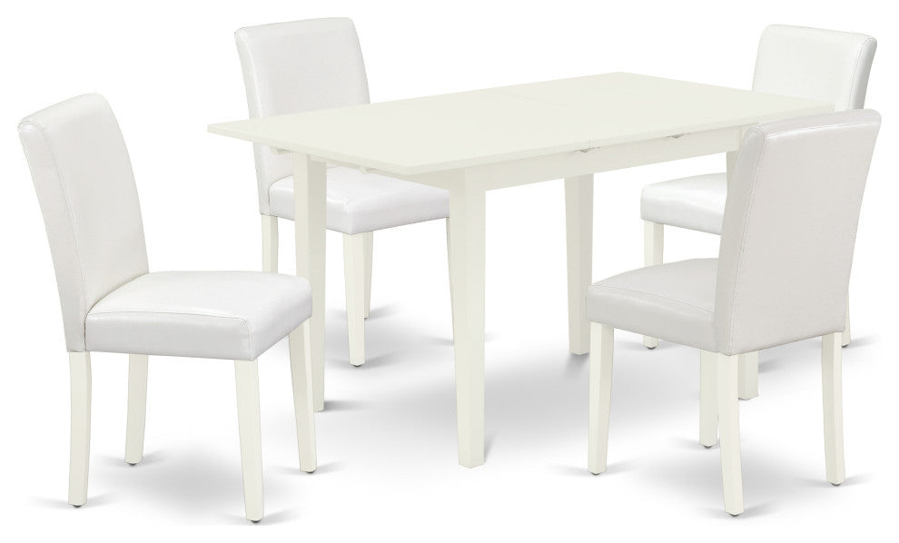 5Pc Dining Set, 4 Chairs, Butterfly Leaf Wood Dining Table, Linen White