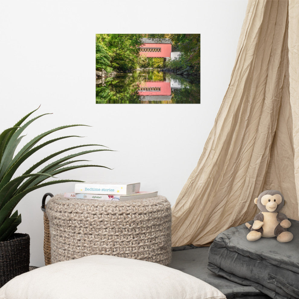 The Reflection of Wooddale Covered Bridge Unframed Wall Art Print, 12" X 18"