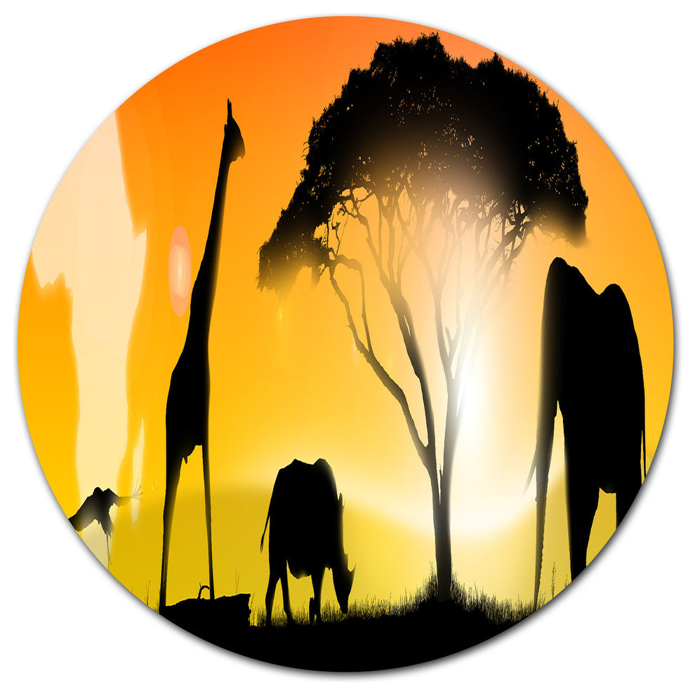 African Wildlife Panorama, African Disc Metal Wall Art, 23"