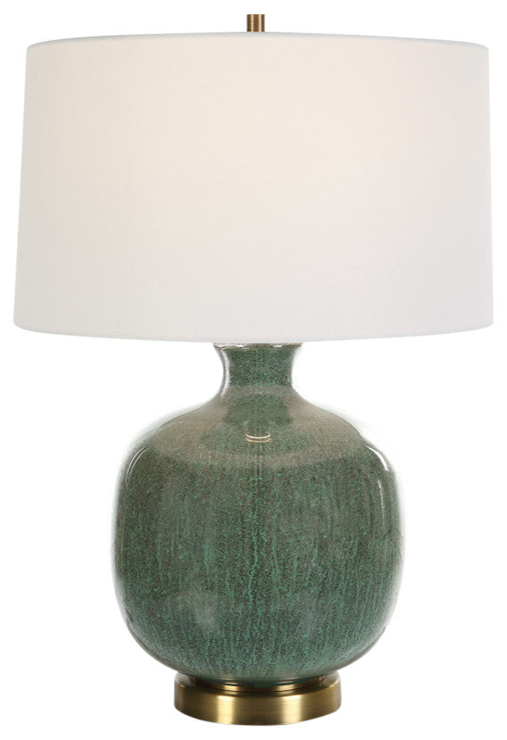 Fat Round Crackled Ceramic Aged Green Table Lamp 26 in Bronze Mottled Elegant