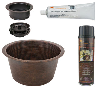 17" Large Round Hammered Copper Bar/Prep Sink, Drain & Accessories
