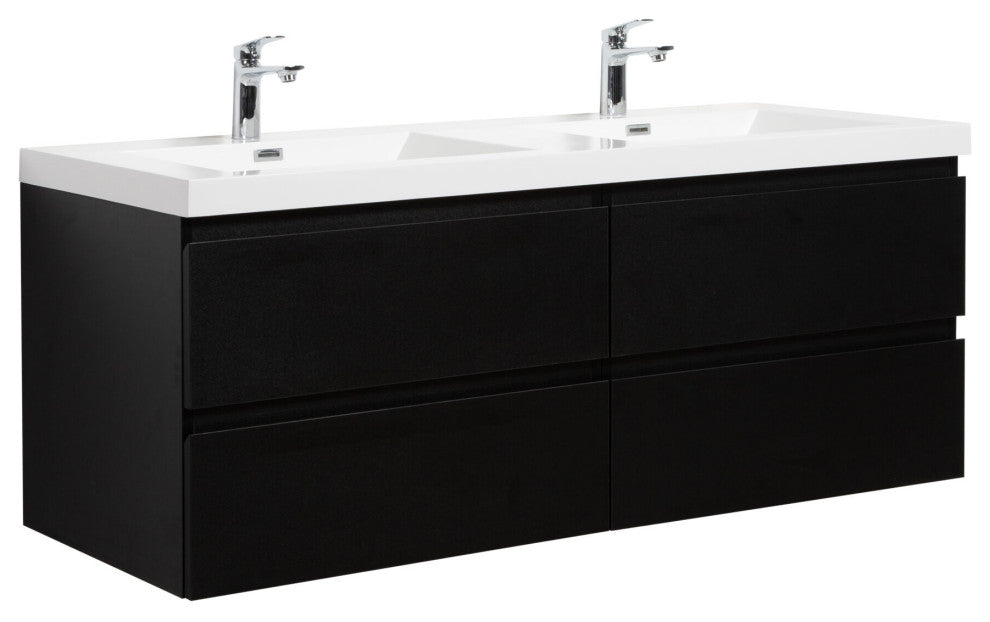 Aurora Wall Mount Vanity, White Acrylic Top, Matte Midnight Black, 60" Double