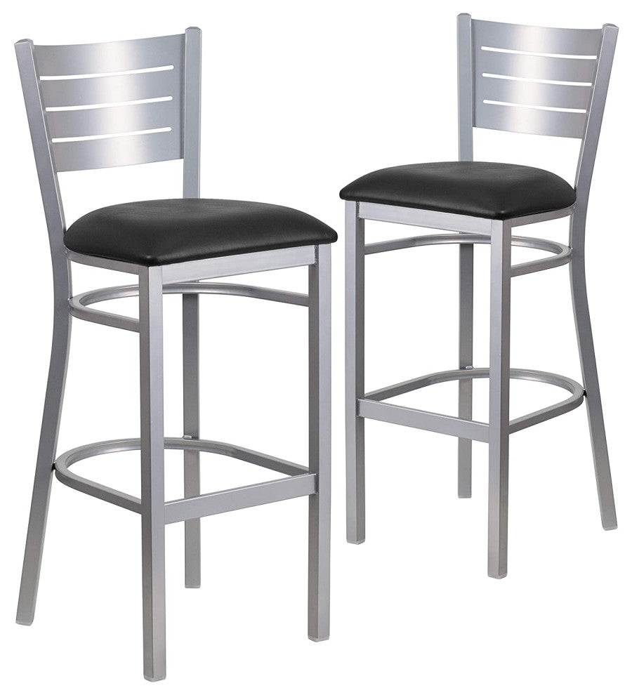 Set of 2 Bar Stool, Silver Metal Frame With Ladder Backrest, Black Vinyl Seat