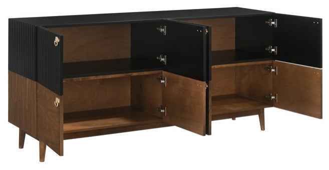 Unique Sideboard, Walnut Wooden Doors With Grooved Black Accents & Golden Pulls