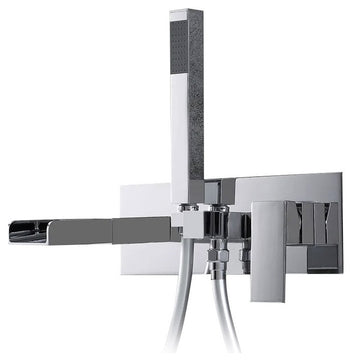 Modern Waterfall Wall-Mount Tub Filler Faucet, Handshower Chrome Solid Brass
