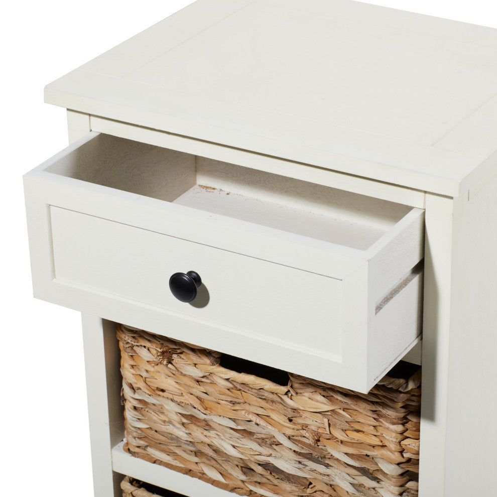 Urban Designs Malibu 3-Drawer Night Stand With Wicker Baskets, White