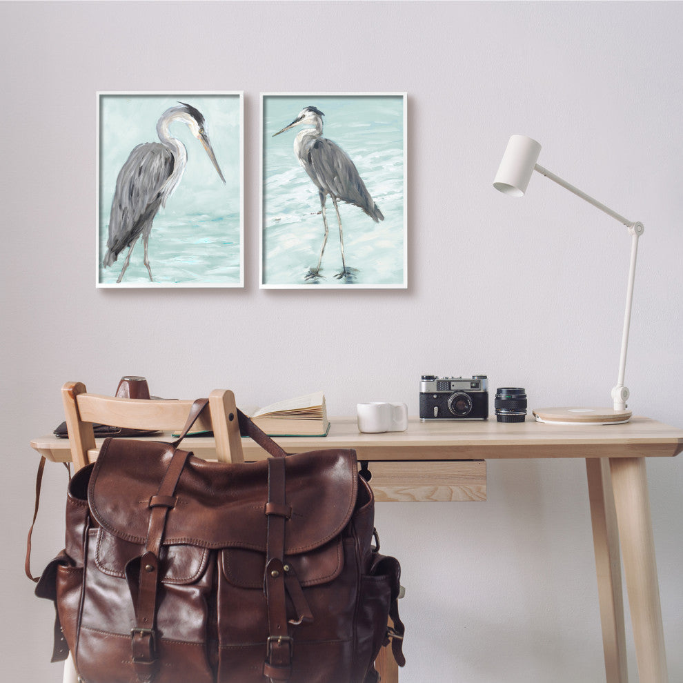 Heron Birds Standing Shallow Beach Water Coastal Waves,11 x 14