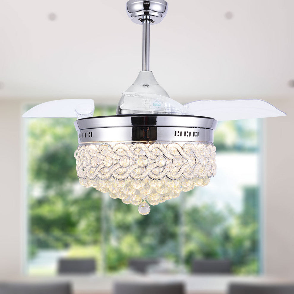 42" Modern Crystal Ceiling Fan with Lights and remote, Retractable Chandelier, Chrome, Neutral White (4000k)