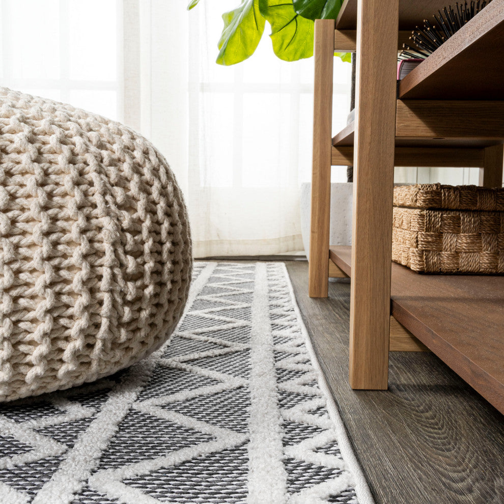 Aylan High-Low Pile Trellis Indoor/Outdoor Black/Ivory 2 ft. x 10 ft. Runner Rug