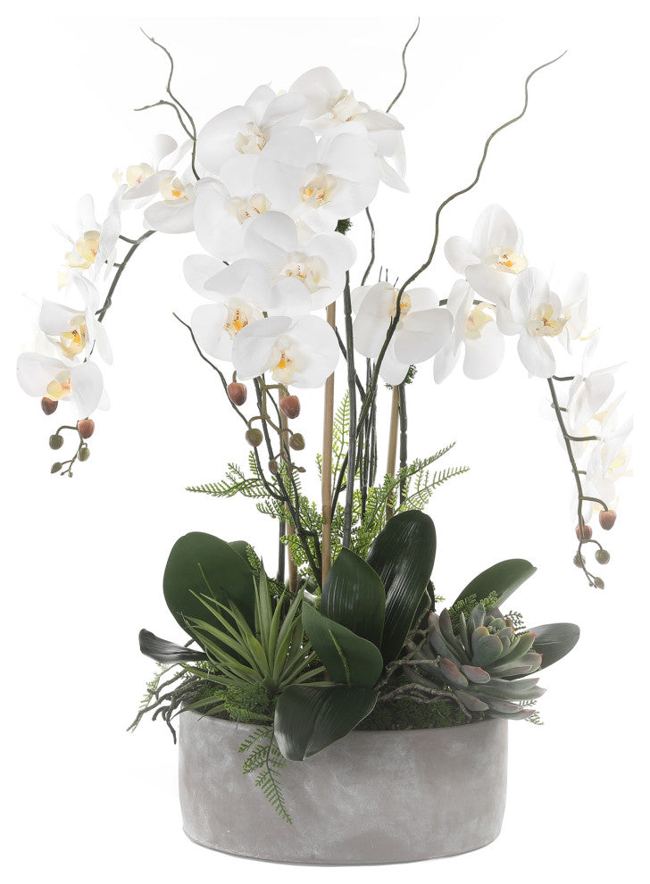 Real Touch Orchid Arrangement, Stone Round Cement Pot