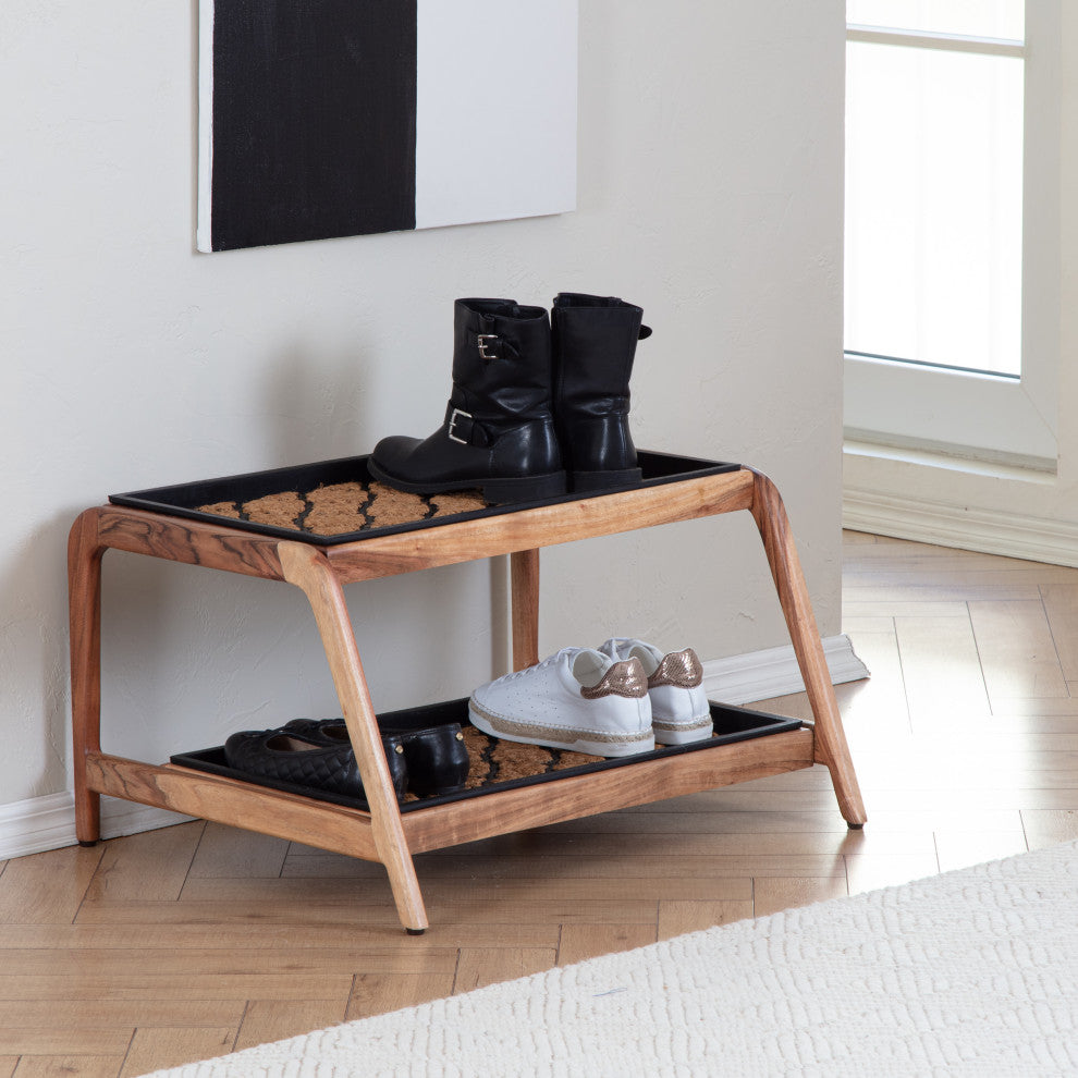 Double-Tier Natural Stand With 2-Pair Rubber Boot Trays Shangri-La