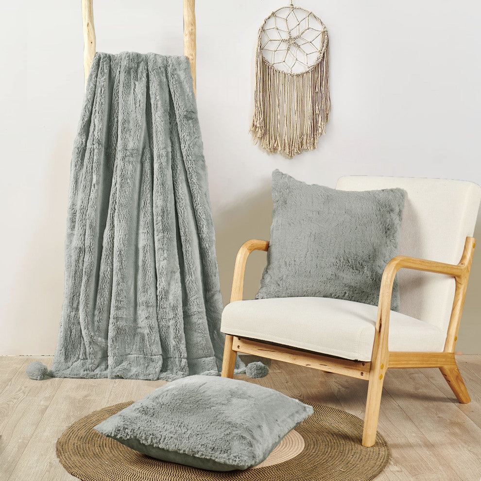 Pompom Faux Fur Throw With 2 Pillows, Silver