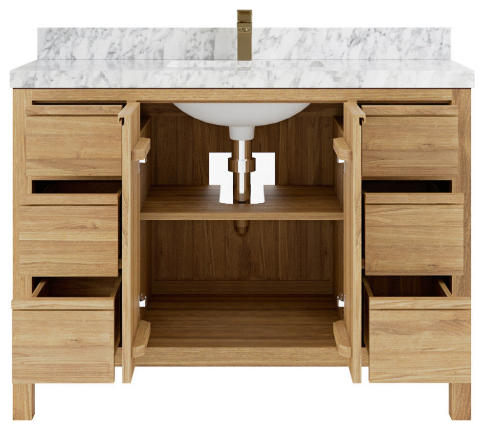 Elizabeth 48 Single Sink Bath Vanity in Light Natural Teak 2" Carrara Marble