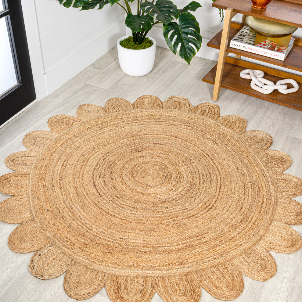 Petal Boho Jute Scalloped Circle Natural Round Area Rug, 6' Round