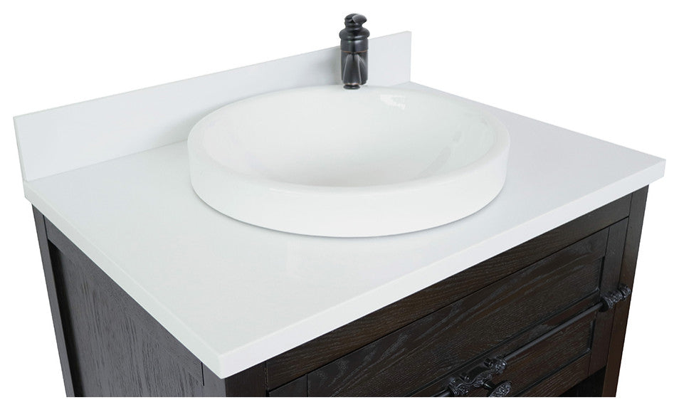 30" Single Vanity, Brown Ash, White Engineered Stone Top, Round Sink