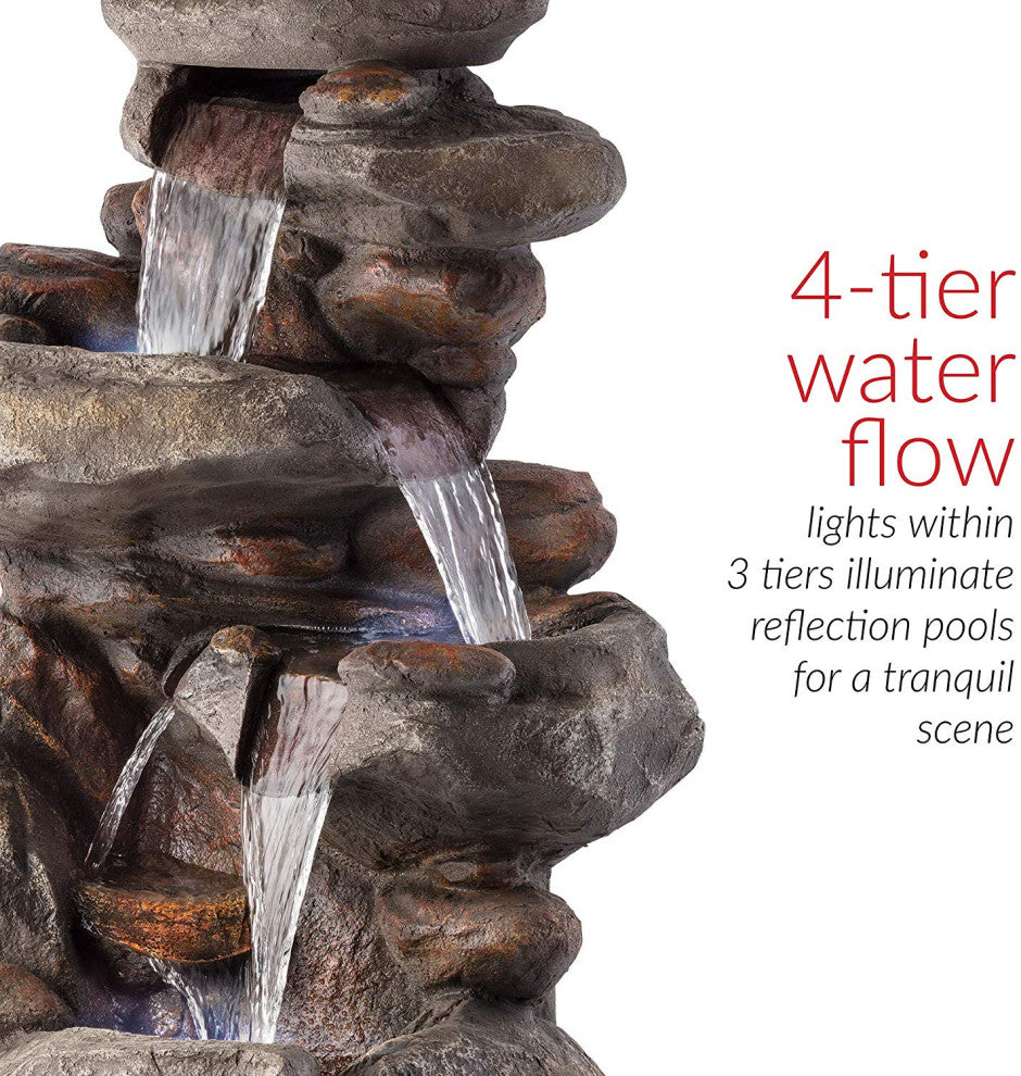 40" Tall Outdoor 4-Tier Rock Water Fountain with LED Lights