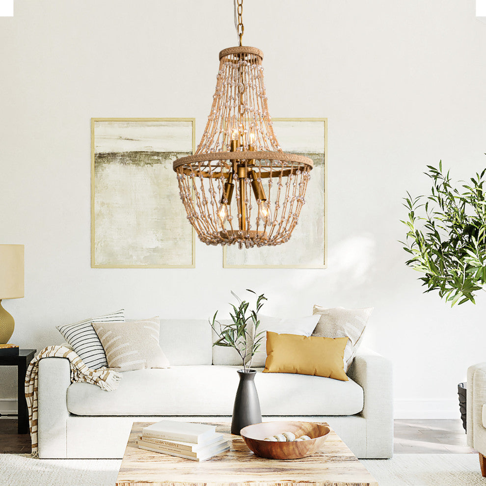 4-Light Farmhouse Chandelier With Jute Rope and Crystal Shade