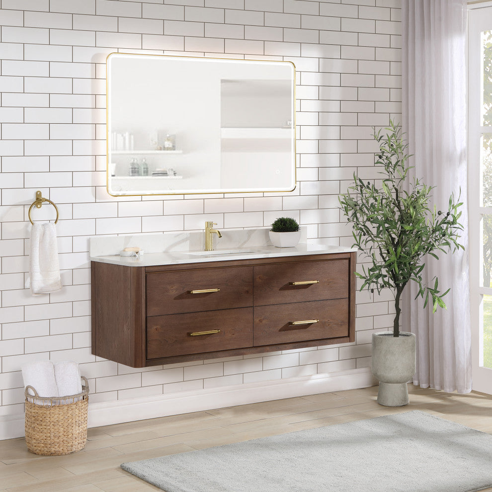 Cristo Floating Bath Vanity With Stone Top, Aged Dark Brown Oak, 55in., With Mirror